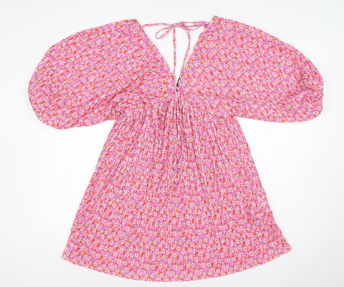 Zara Women Pink Floral Pleated Fit & Flare Short Dress Size S