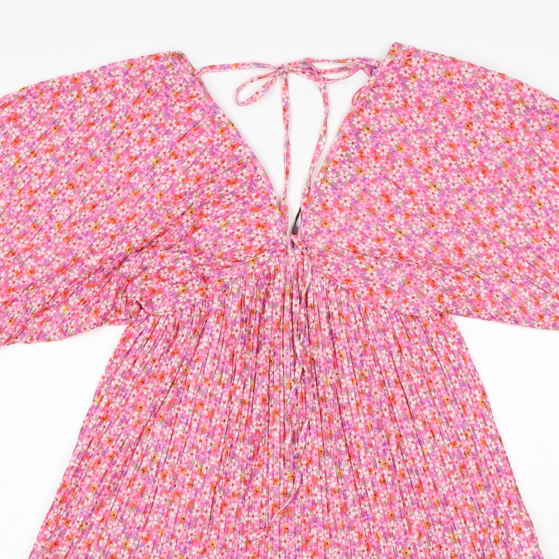 Zara Women Pink Floral Pleated Fit & Flare Short Dress Size S