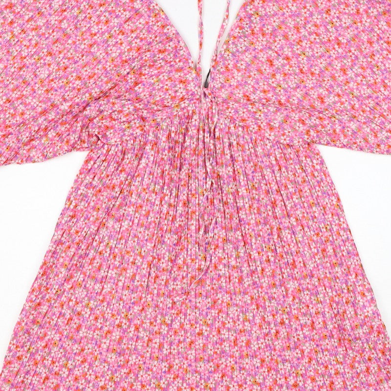 Zara Women Pink Floral Pleated Fit & Flare Short Dress Size S