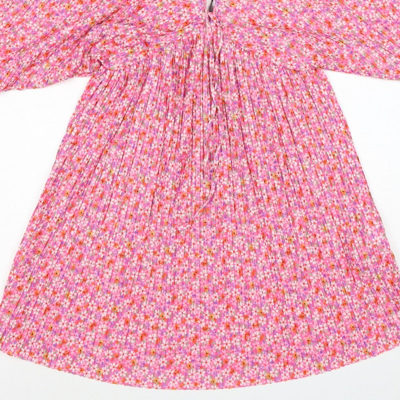 Zara Women Pink Floral Pleated Fit & Flare Short Dress Size S