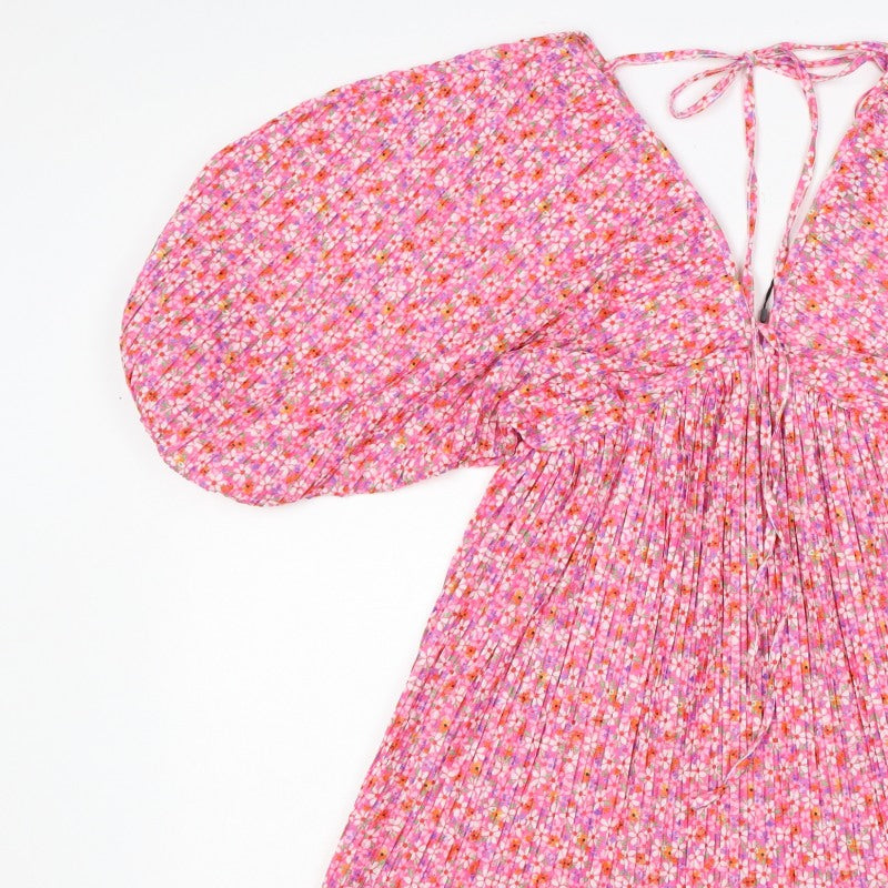 Zara Women Pink Floral Pleated Fit & Flare Short Dress Size S