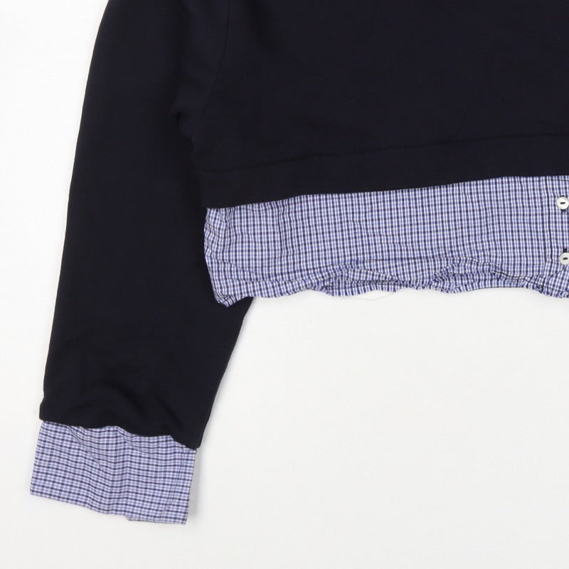 Zara Women Black Blue Check Layered Crop Sweatshirt M Crew Neck