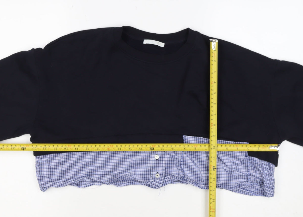 Zara Women Black Blue Check Layered Crop Sweatshirt M Crew Neck