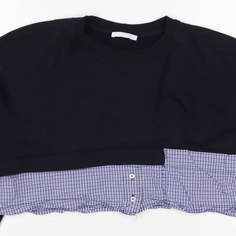 Zara Women Black Blue Check Layered Crop Sweatshirt M Crew Neck