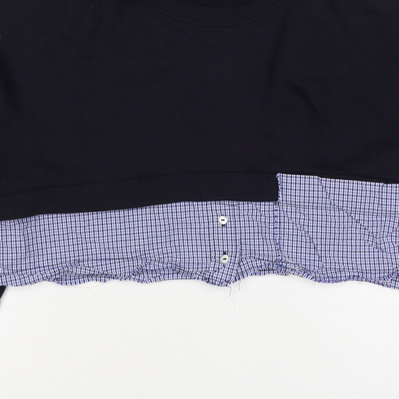 Zara Women Black Blue Check Layered Crop Sweatshirt M Crew Neck