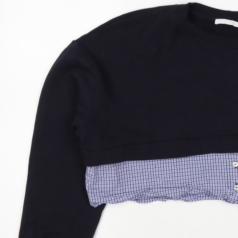 Zara Women Black Blue Check Layered Crop Sweatshirt M Crew Neck