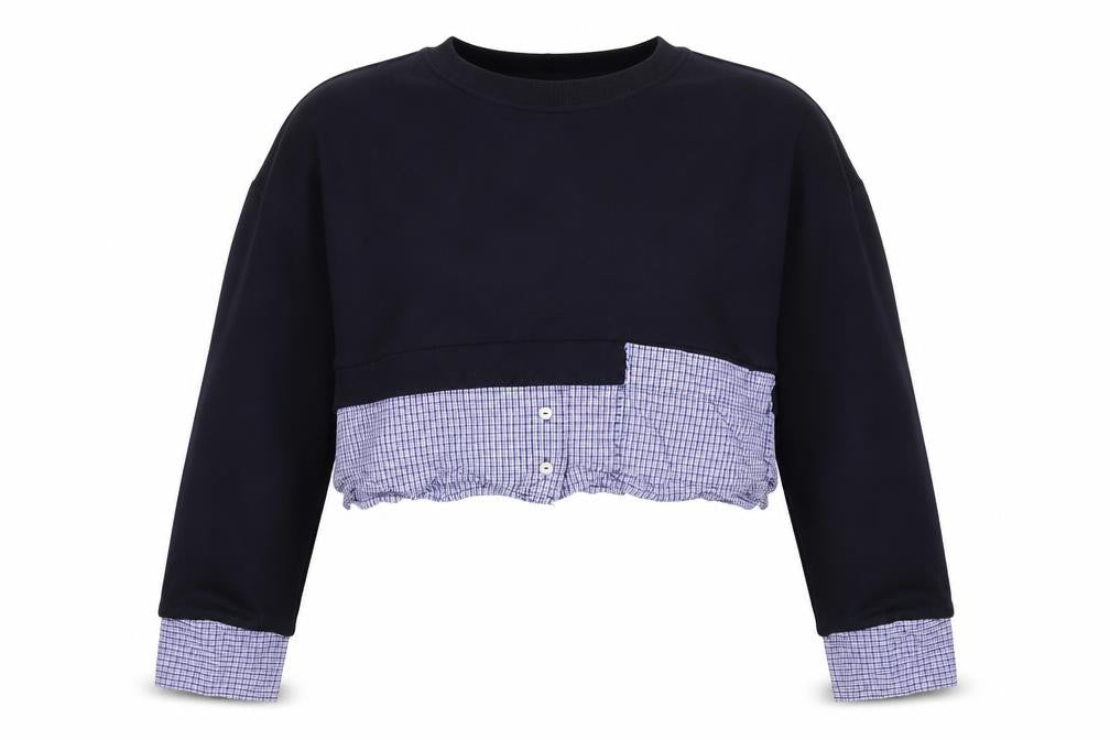 Zara Women Black Blue Check Layered Crop Sweatshirt M Crew Neck