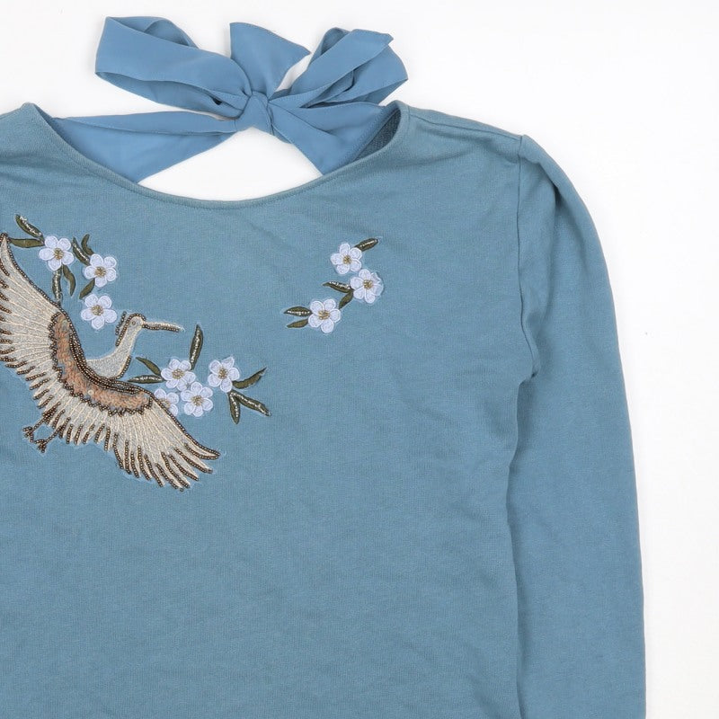 Naf Naf Women’s Blue S Embroidered Beaded Bird Tie Back Sweatshirt