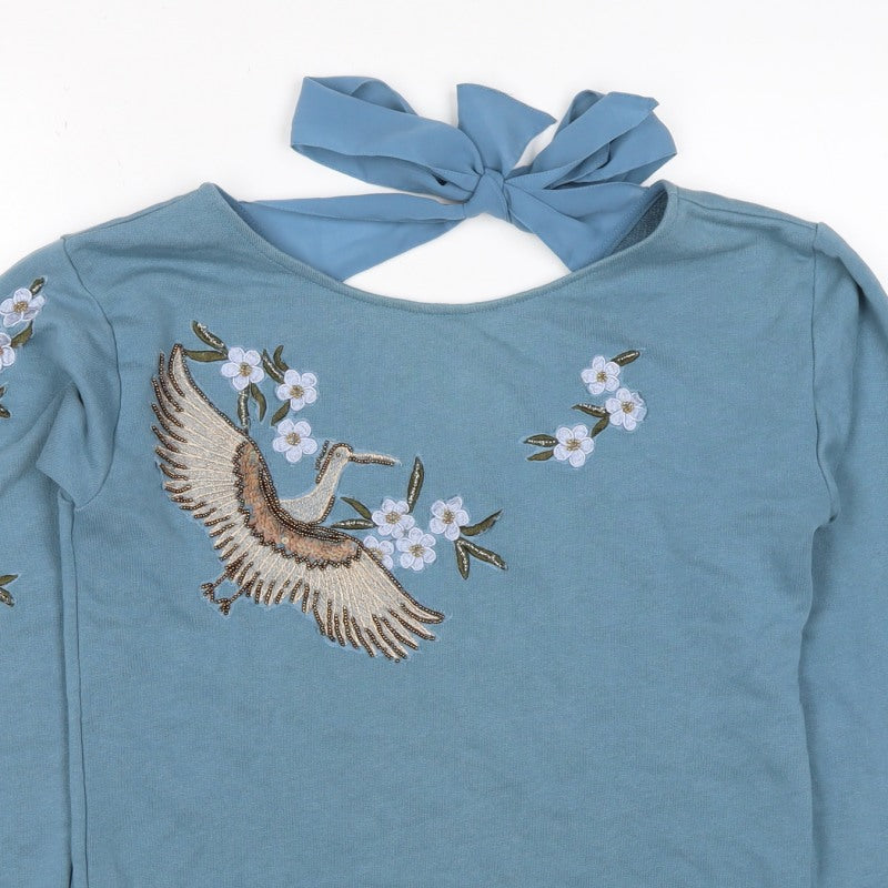 Naf Naf Women’s Blue S Embroidered Beaded Bird Tie Back Sweatshirt