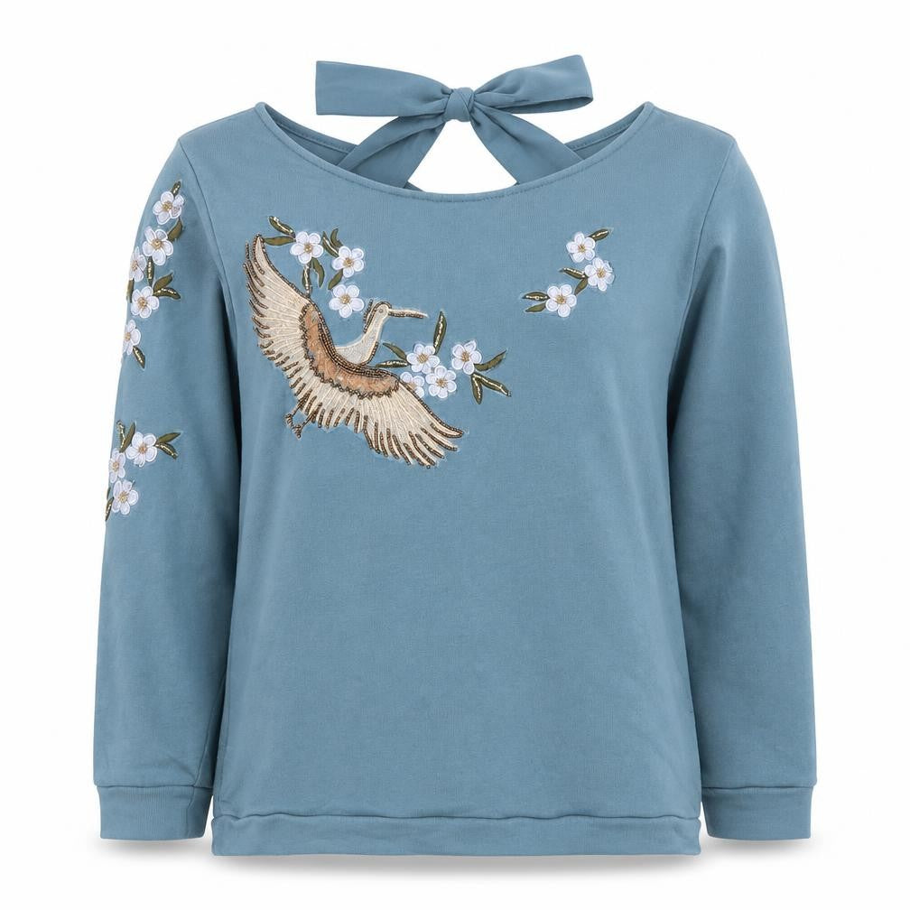 Naf Naf Women’s Blue S Embroidered Beaded Bird Tie Back Sweatshirt