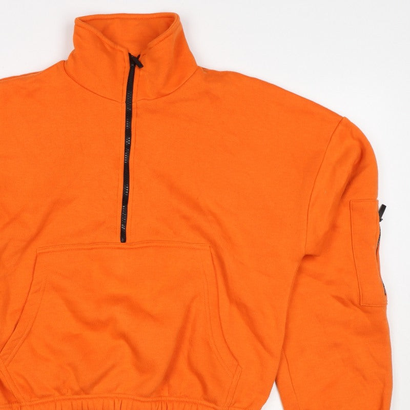 Boohoo Women Orange L Half Zip High Neck Fleece Sweatshirt Kangaroo Pocket