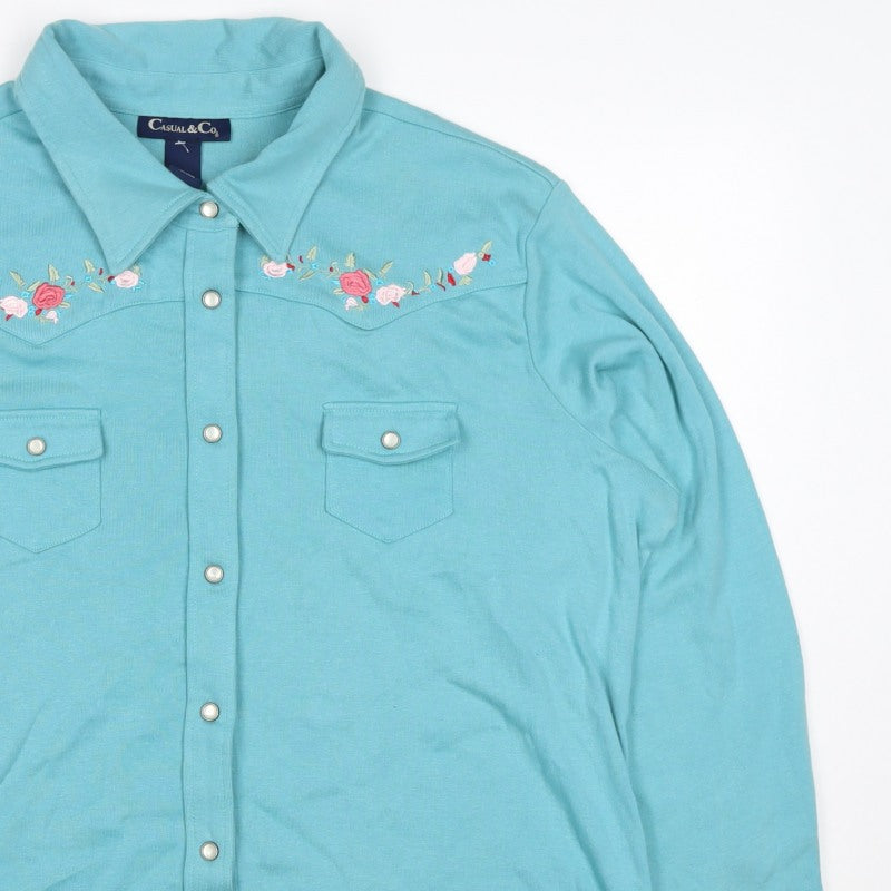 Casual & Co Womens Blue 2XL Embroidered Floral Snap Front Sweatshirt