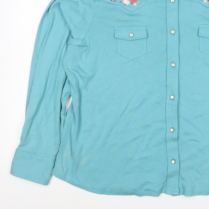 Casual & Co Womens Blue 2XL Embroidered Floral Snap Front Sweatshirt