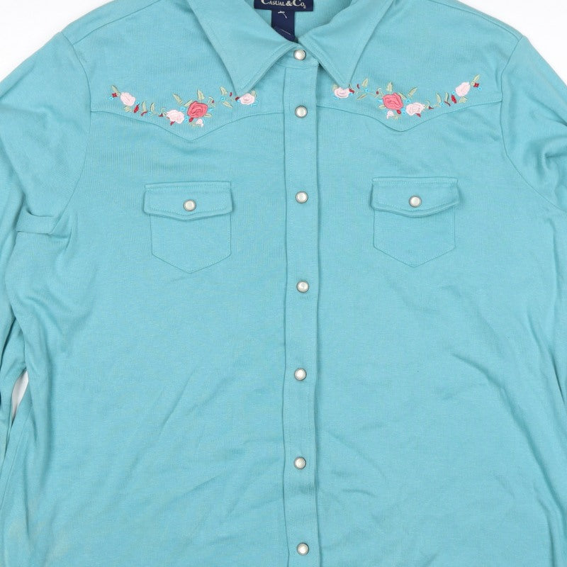 Casual & Co Womens Blue 2XL Embroidered Floral Snap Front Sweatshirt