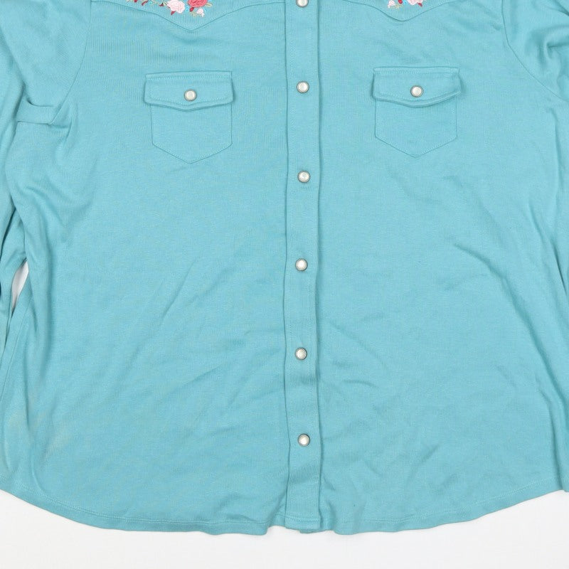 Casual & Co Womens Blue 2XL Embroidered Floral Snap Front Sweatshirt