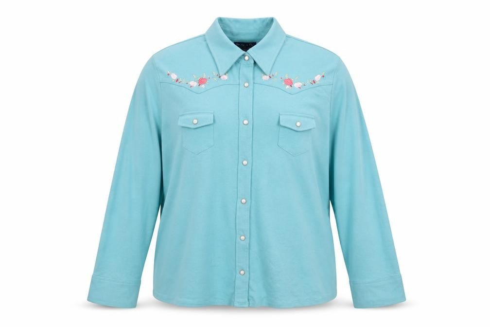 Casual & Co Womens Blue 2XL Embroidered Floral Snap Front Sweatshirt
