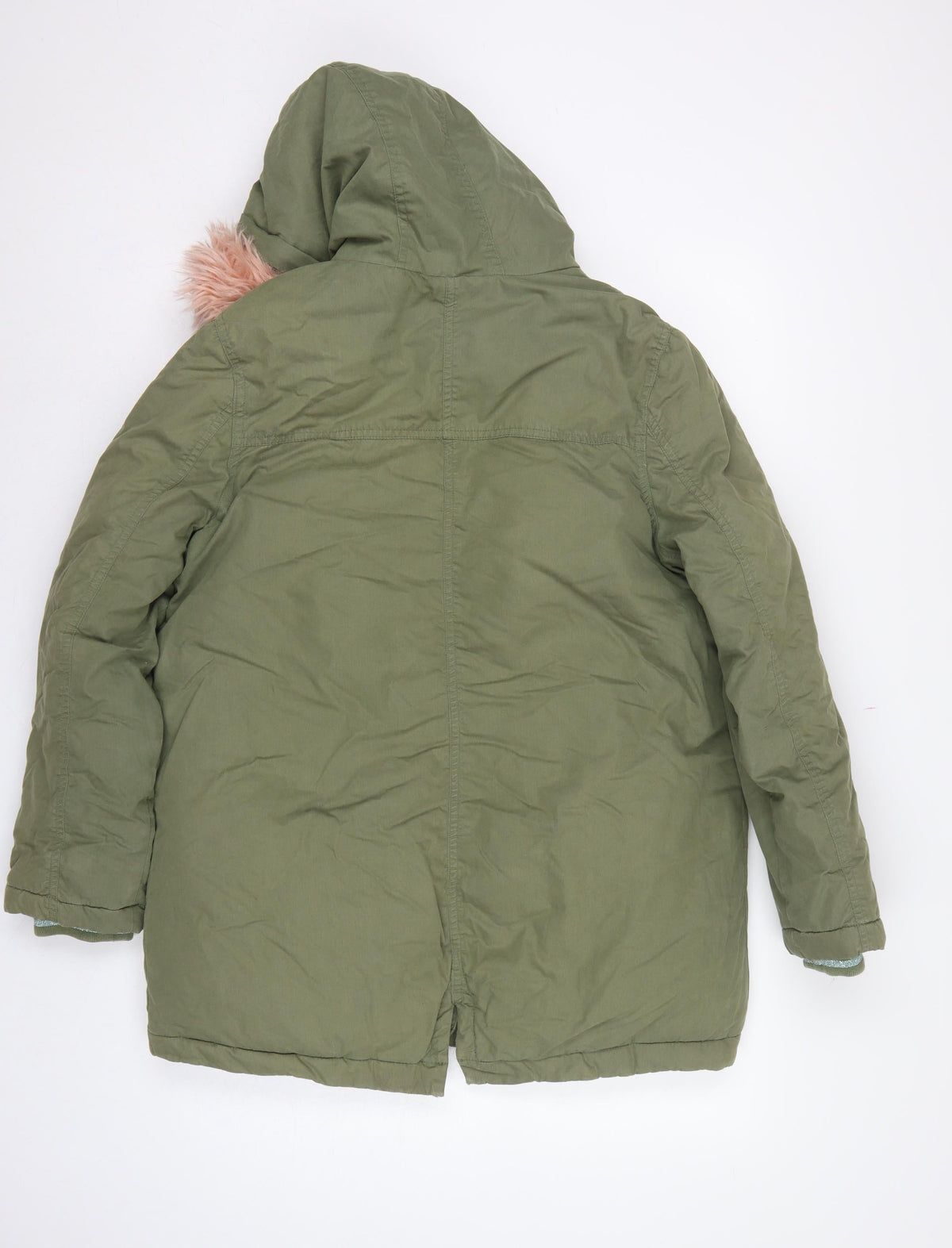 Boden Girls Green Parka Coat 15-16 Years Pink Faux Fur Hood Winter