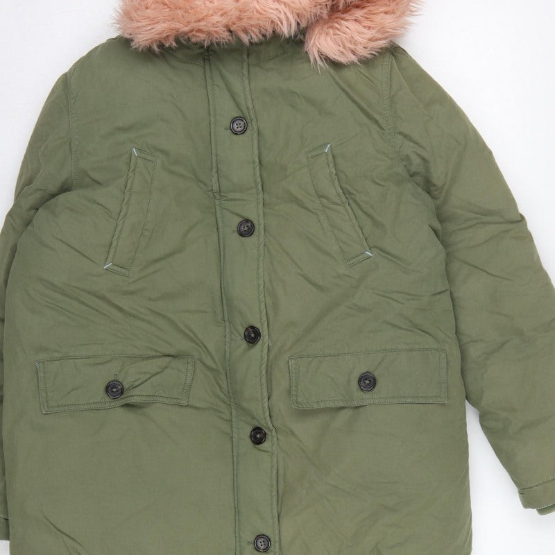 Boden Girls Green Parka Coat 15-16 Years Pink Faux Fur Hood Winter
