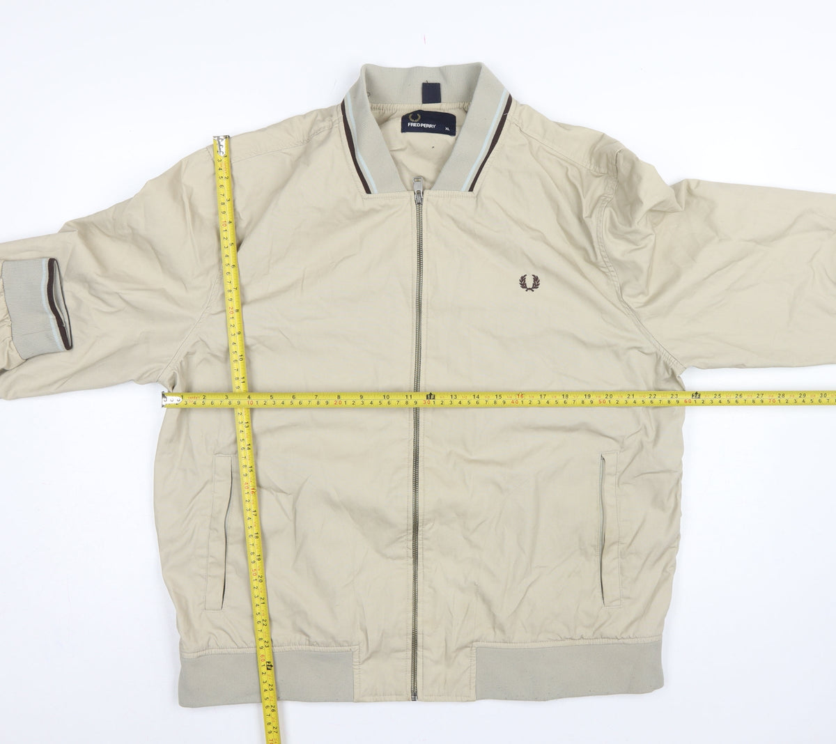 Fred Perry Men’s Beige XL Bomber Jacket Full Zip Logo Cotton Blend