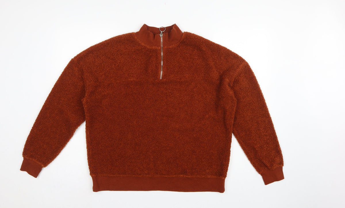 New Look Women Brown UK 12 1/4 Zip Teddy Fleece Pullover Sweatshirt