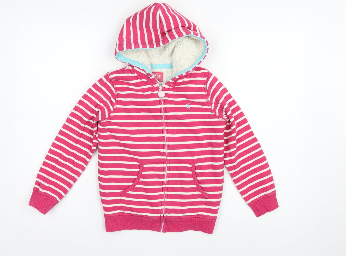 Joules Girls Pink Striped Full Zip Sherpa Lined Hoodie Age 7-8 Years