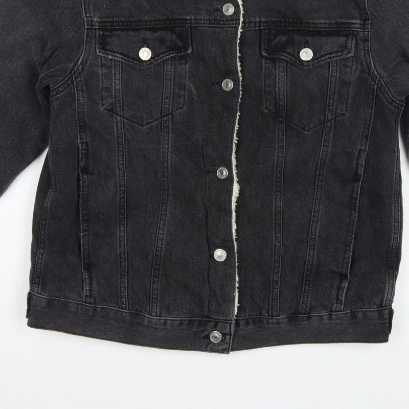 Topshop Women Black UK 8 Sherpa Lined Denim Jacket Button Casual