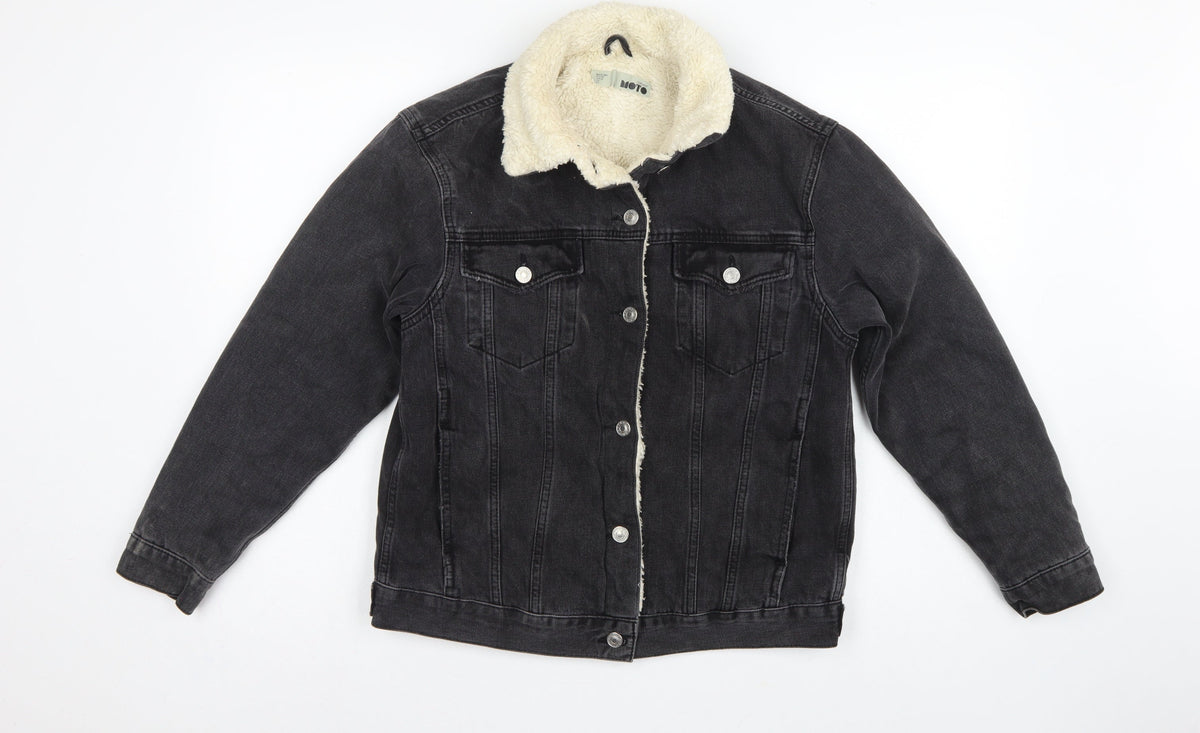 Topshop Women Black UK 8 Sherpa Lined Denim Jacket Button Casual