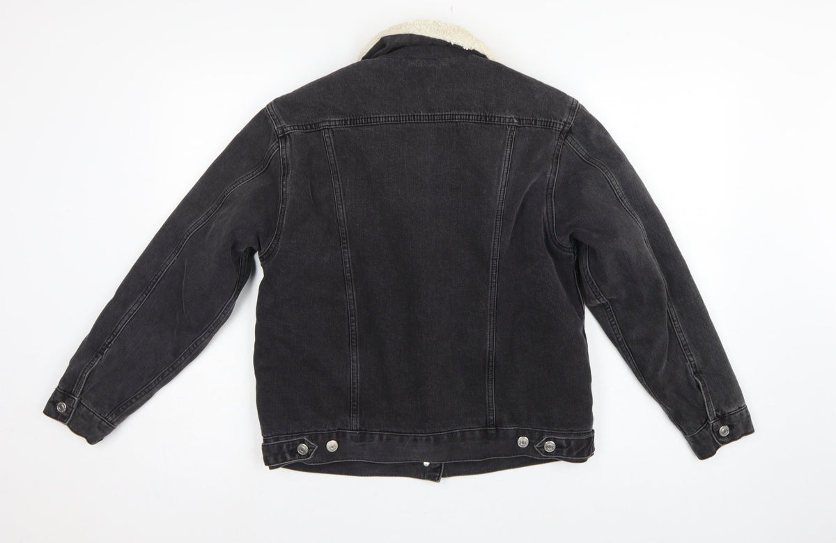 Topshop Women Black UK 8 Sherpa Lined Denim Jacket Button Casual