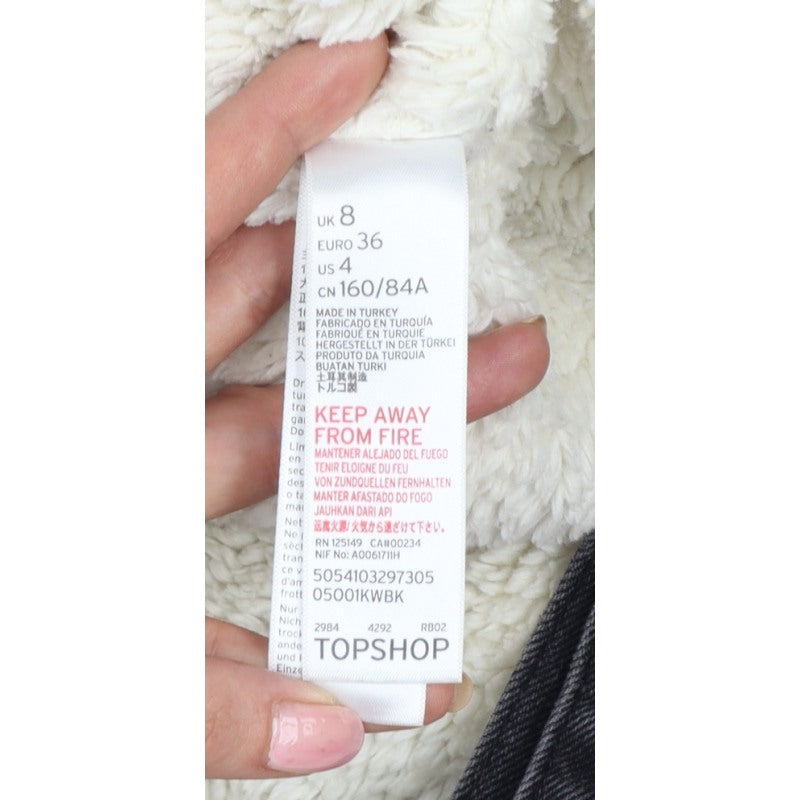 Topshop Women Black UK 8 Sherpa Lined Denim Jacket Button Casual