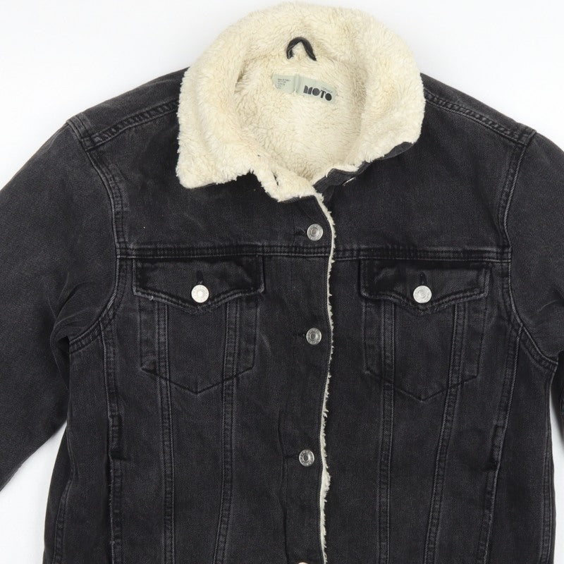 Topshop Women Black UK 8 Sherpa Lined Denim Jacket Button Casual