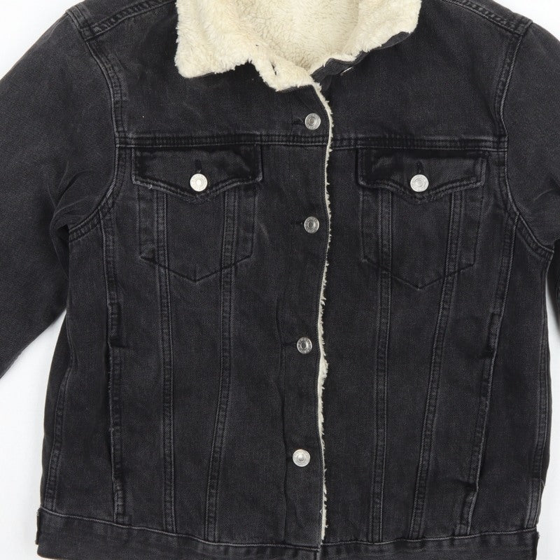 Topshop Women Black UK 8 Sherpa Lined Denim Jacket Button Casual