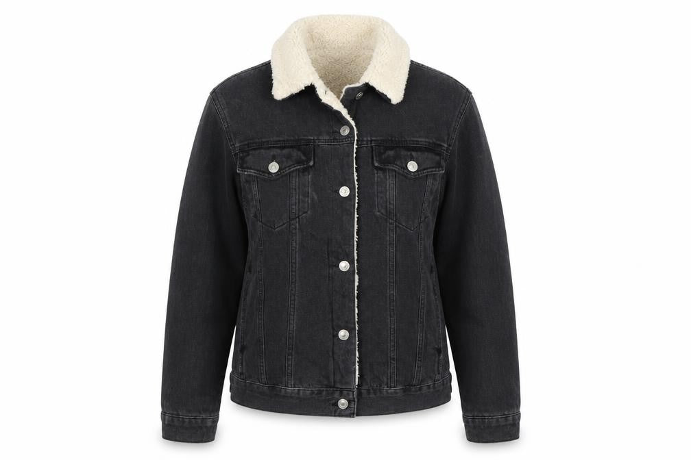 Topshop Women Black UK 8 Sherpa Lined Denim Jacket Button Casual