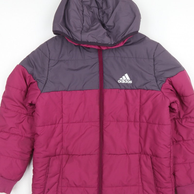 adidas Girls Pink Grey 9-10 Years Hooded Puffer Jacket Zip
