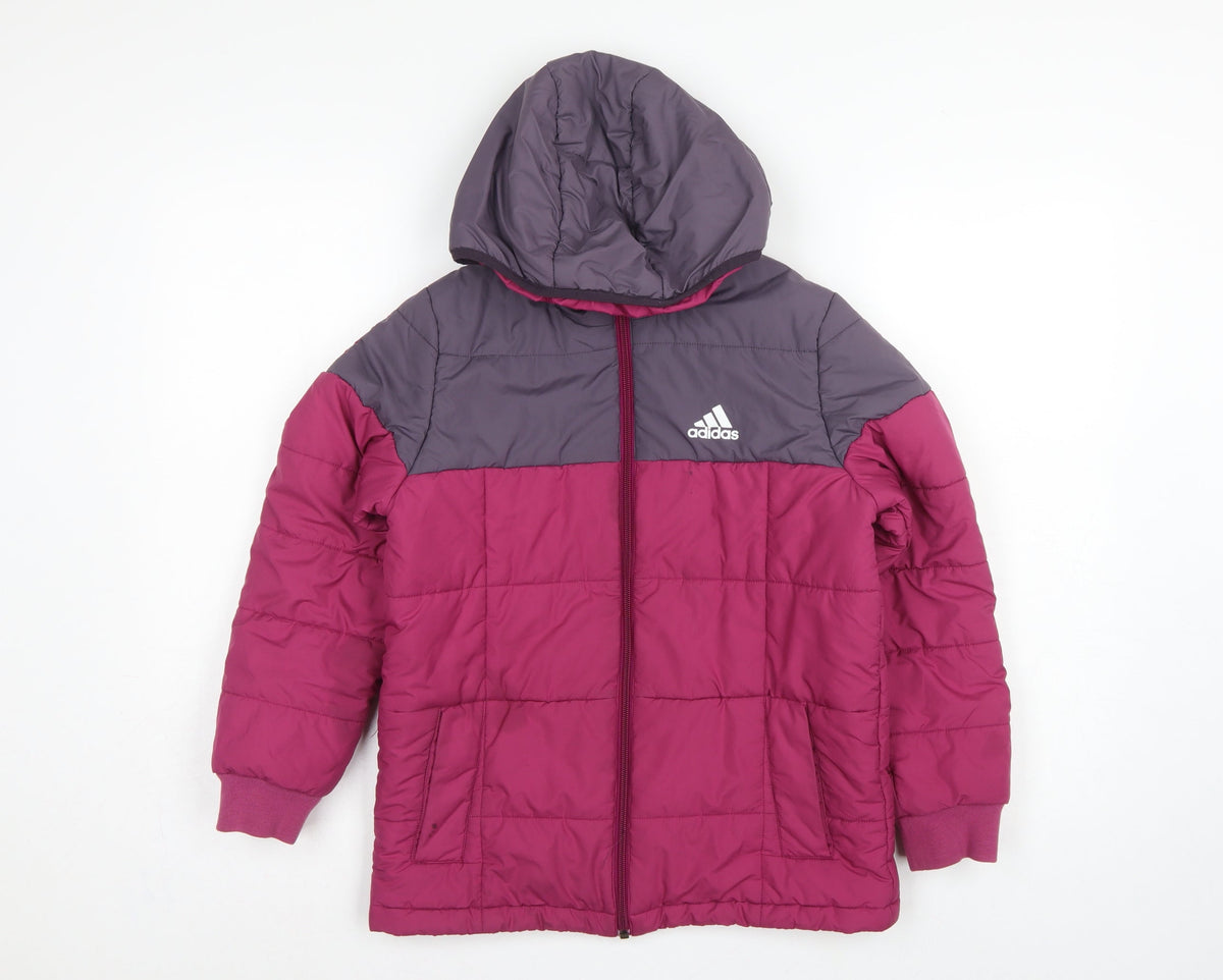adidas Girls Pink Grey 9-10 Years Hooded Puffer Jacket Zip