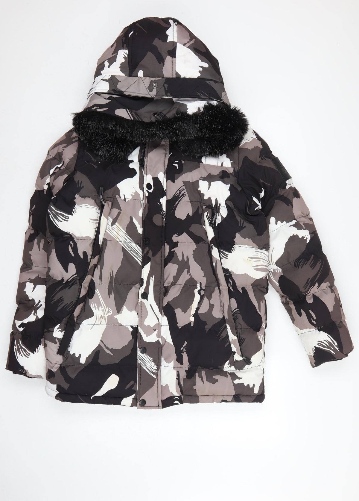 KWD Men's Multicoloured S Camo Puffer Jacket Hood Faux Fur Trim
