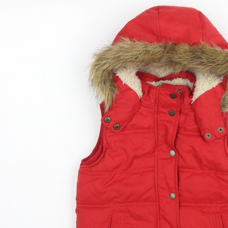 FatFace Girls Red Puffer Gilet 6-7 Years Hooded Faux Fur Trim