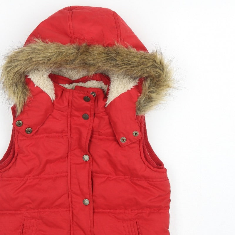 FatFace Girls Red Puffer Gilet 6-7 Years Hooded Faux Fur Trim