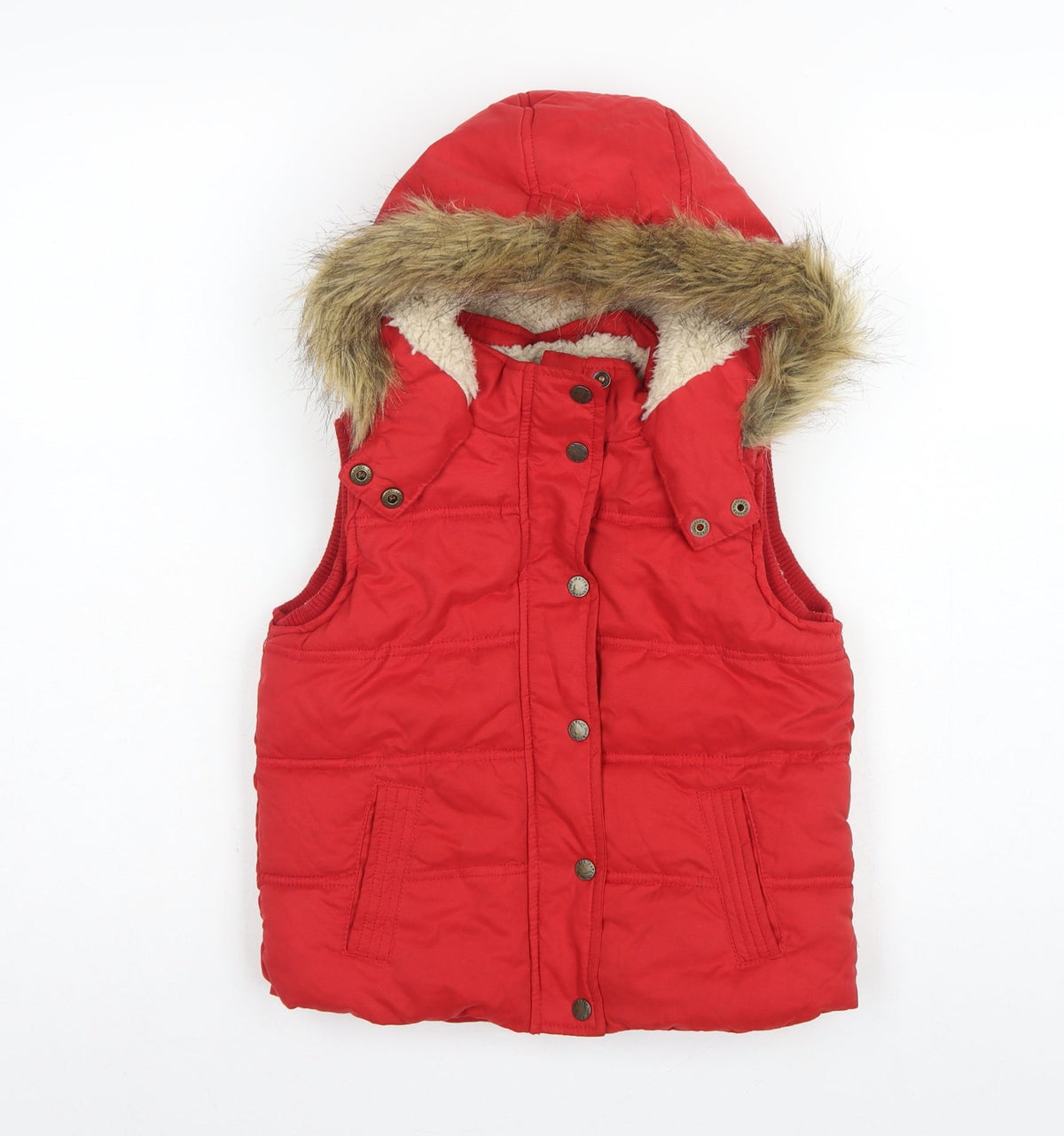 FatFace Girls Red Puffer Gilet 6-7 Years Hooded Faux Fur Trim