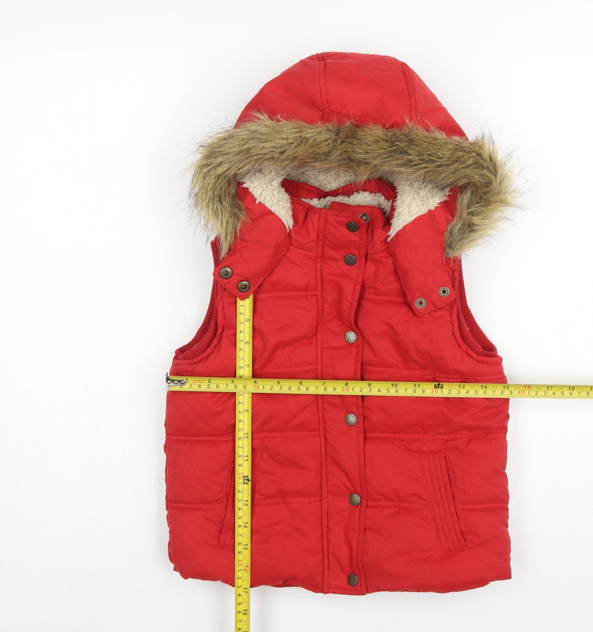 FatFace Girls Red Puffer Gilet 6-7 Years Hooded Faux Fur Trim