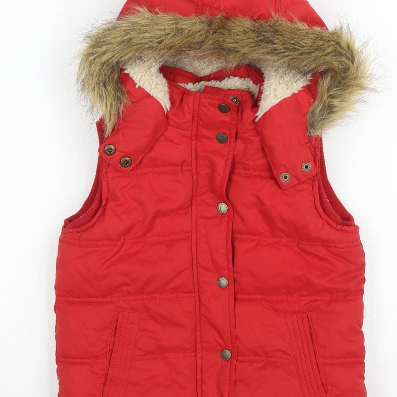 FatFace Girls Red Puffer Gilet 6-7 Years Hooded Faux Fur Trim