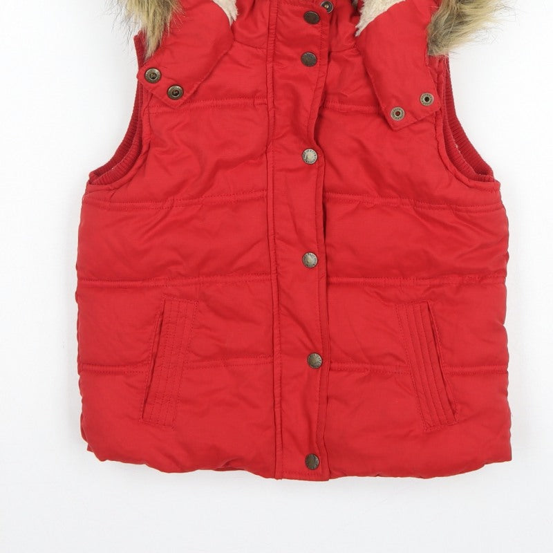 FatFace Girls Red Puffer Gilet 6-7 Years Hooded Faux Fur Trim