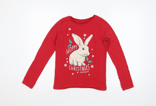 FatFace Girls Red 12-13 Years Christmas Bunny Graphic Long Sleeve T-Shirt