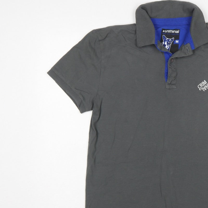 Criminal Men’s Grey Blue Trim Cotton Polo Shirt M Short Sleeve Logo