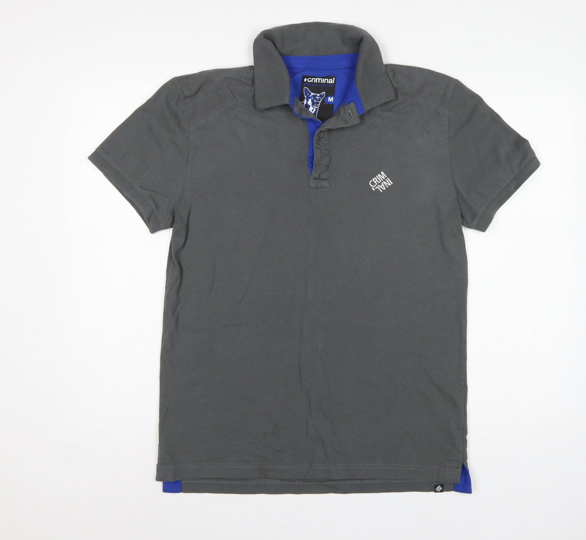 Criminal Men’s Grey Blue Trim Cotton Polo Shirt M Short Sleeve Logo