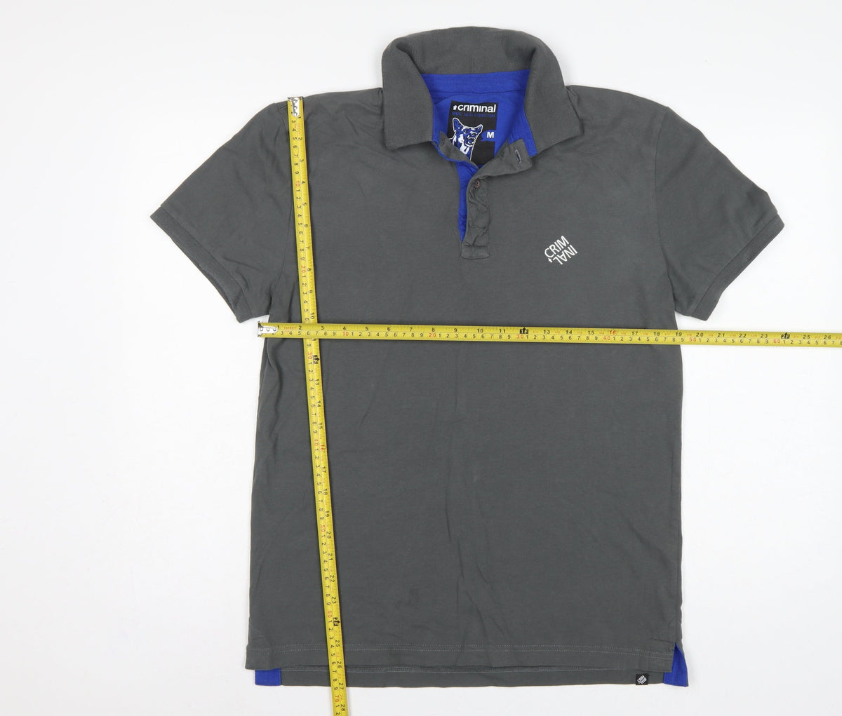 Criminal Men’s Grey Blue Trim Cotton Polo Shirt M Short Sleeve Logo