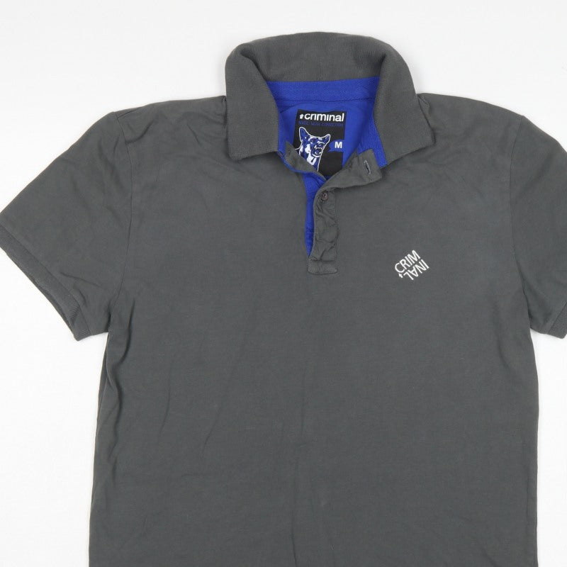 Criminal Men’s Grey Blue Trim Cotton Polo Shirt M Short Sleeve Logo