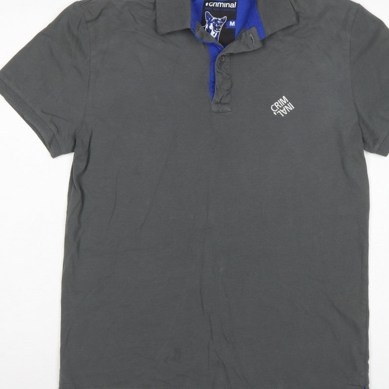 Criminal Men’s Grey Blue Trim Cotton Polo Shirt M Short Sleeve Logo