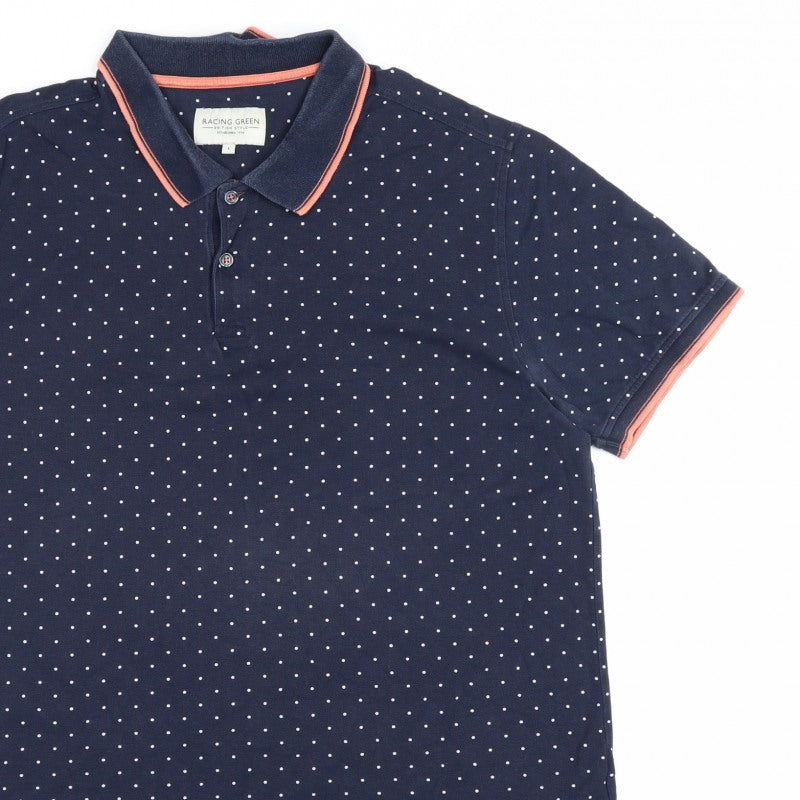 Racing Green Men's Blue L Polka Dot Cotton Short Sleeve Polo Shirt