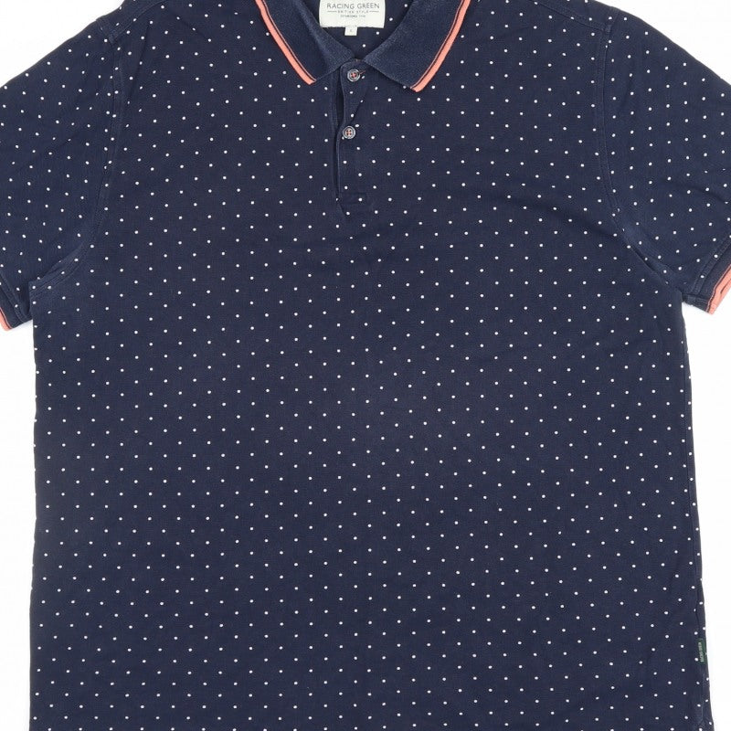 Racing Green Men's Blue L Polka Dot Cotton Short Sleeve Polo Shirt
