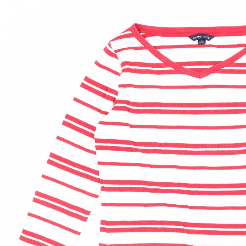 Lands' End Women Red White Stripe V-Neck Long Sleeve Jersey Top UK 12